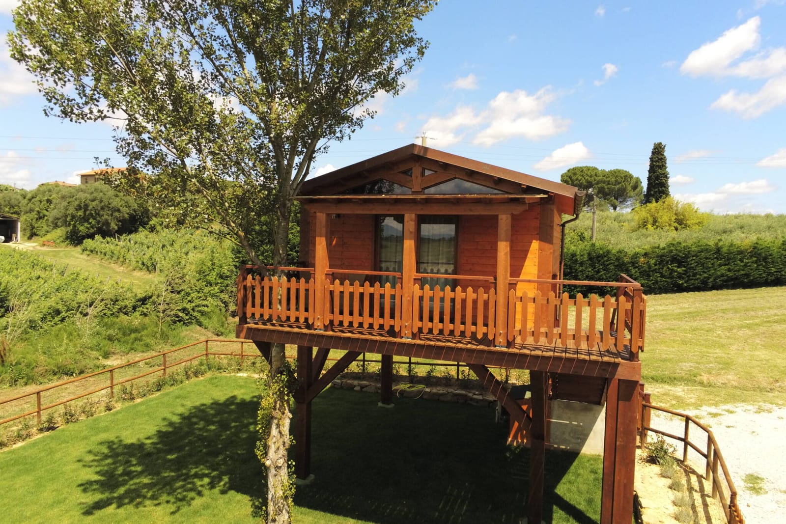 La casa sull'albero in legno, sospesa su pali fra gli alberi, con la scala e la veranda