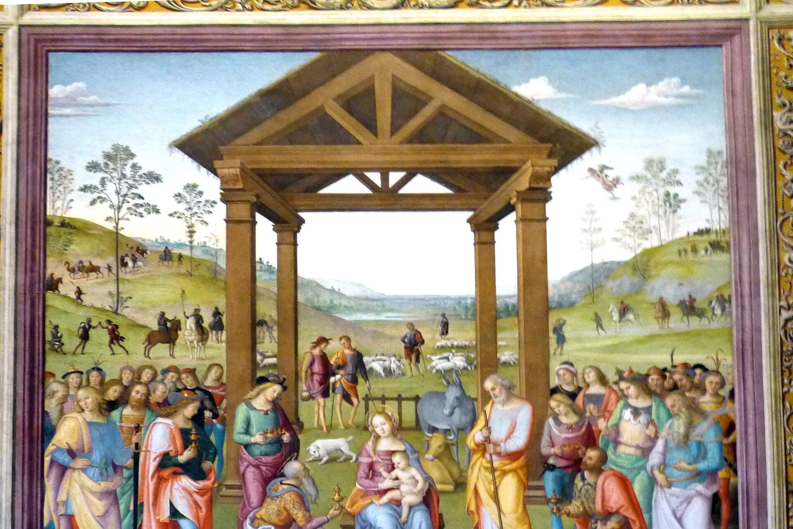 Perugino's Adoration of the Magi in the Oratorio dei Bianchi at Città della Pieve, the procession under the shelter