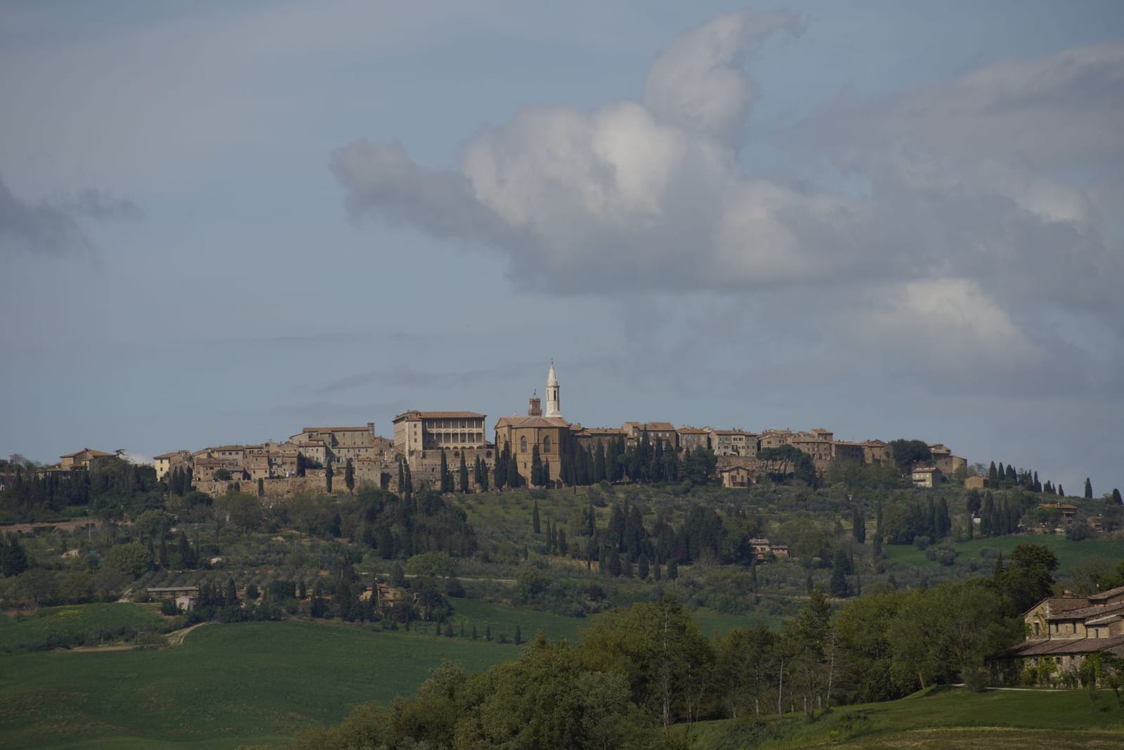 El perfil de Pienza en la loma visto desde lejos, con los campos cultivados delante