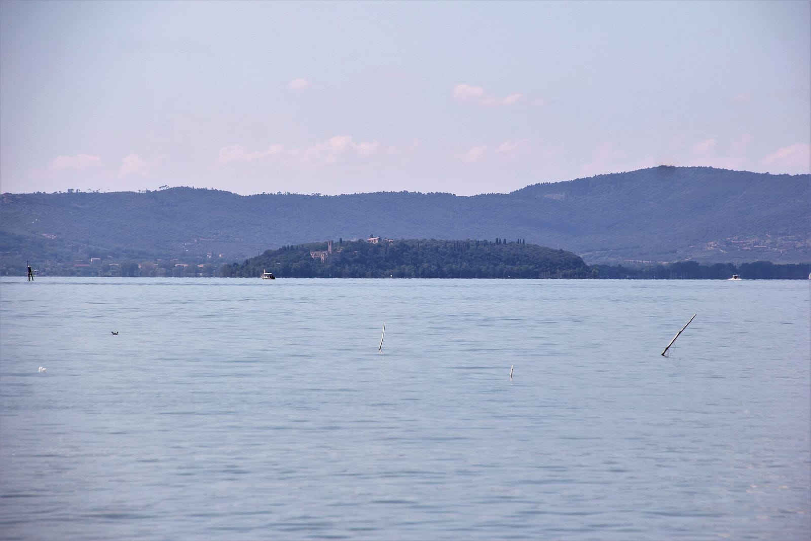 Isola Maggiore seen from the water, its bell tower and castle among the trees, a ferry approaching